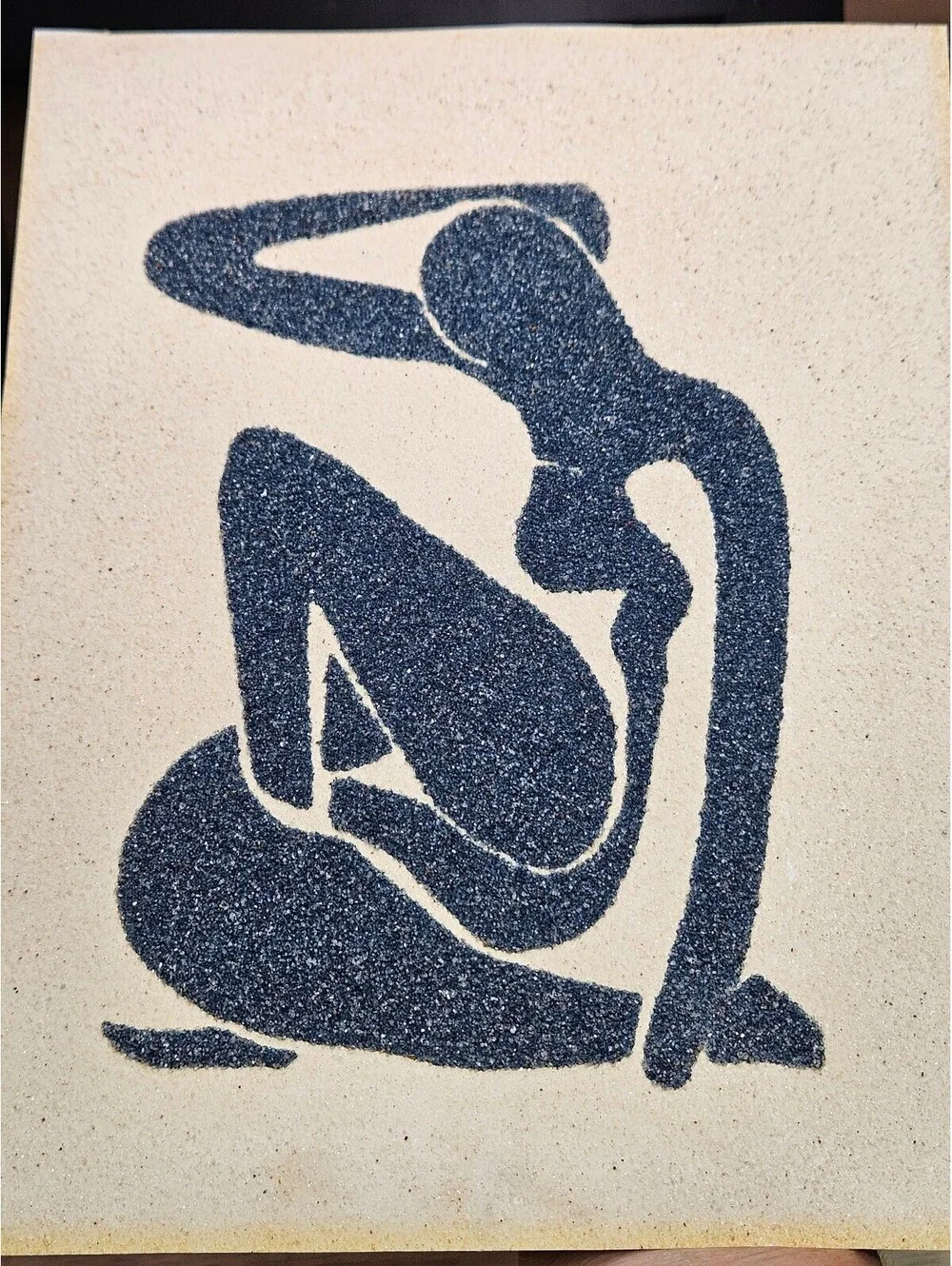 Vintage Framed Matisse Style Blue Seated Female Silhouette Textured Sand Art